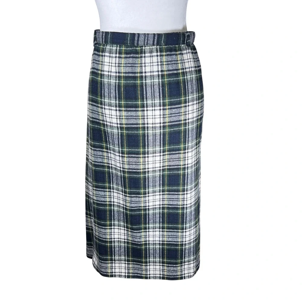 Vtg Prestige of Boston Plaid Midi Skirt Women Size 14‎ Green Navy Classic Tartan
